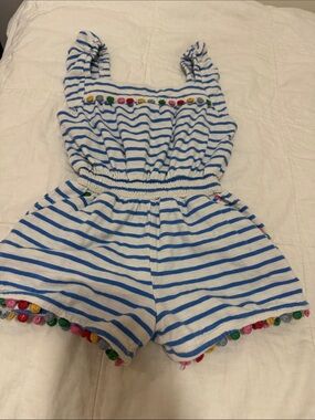 Mini Boden Blue & White Striped Girls Romper with Multicolor Pom Trim
